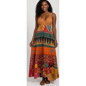 Jaded Gypsy Kantha Sunrise Tiered maxi V-neckline, adjustable halter straps